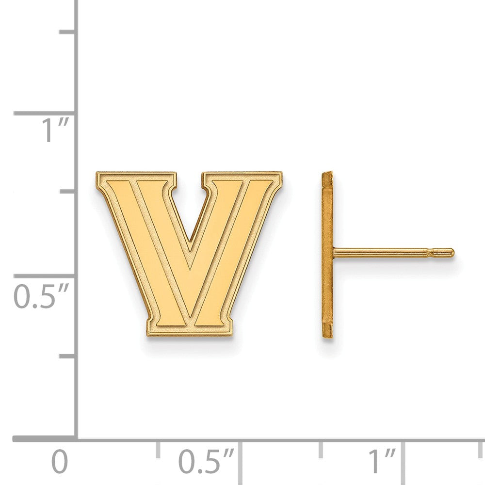 Alternate view of the 14k Yellow Gold Villanova University Small Initial V Post Earrings by The Black Bow Jewelry Co.