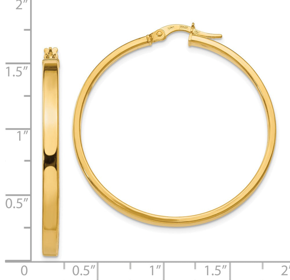 Alternate view of the 3mm x 38mm (1 1/2 Inch) Polished 14k Yellow Gold Flat Edge Round Hoops by The Black Bow Jewelry Co.