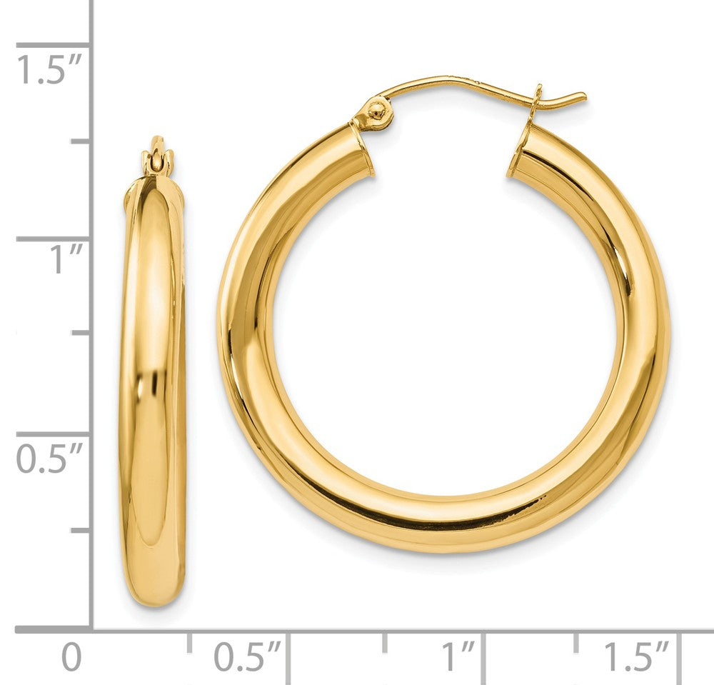 Alternate view of the 4mm x 29mm (1 1/8 Inch) 14k Yellow Gold Classic Round Hoop Earrings by The Black Bow Jewelry Co.