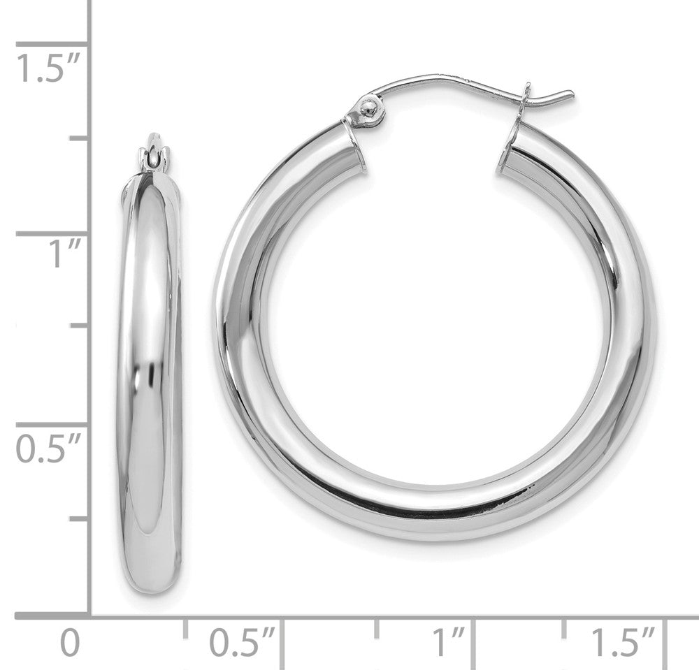 Alternate view of the 4mm x 29mm (1 1/8 Inch) 14k White Gold Classic Round Hoop Earrings by The Black Bow Jewelry Co.
