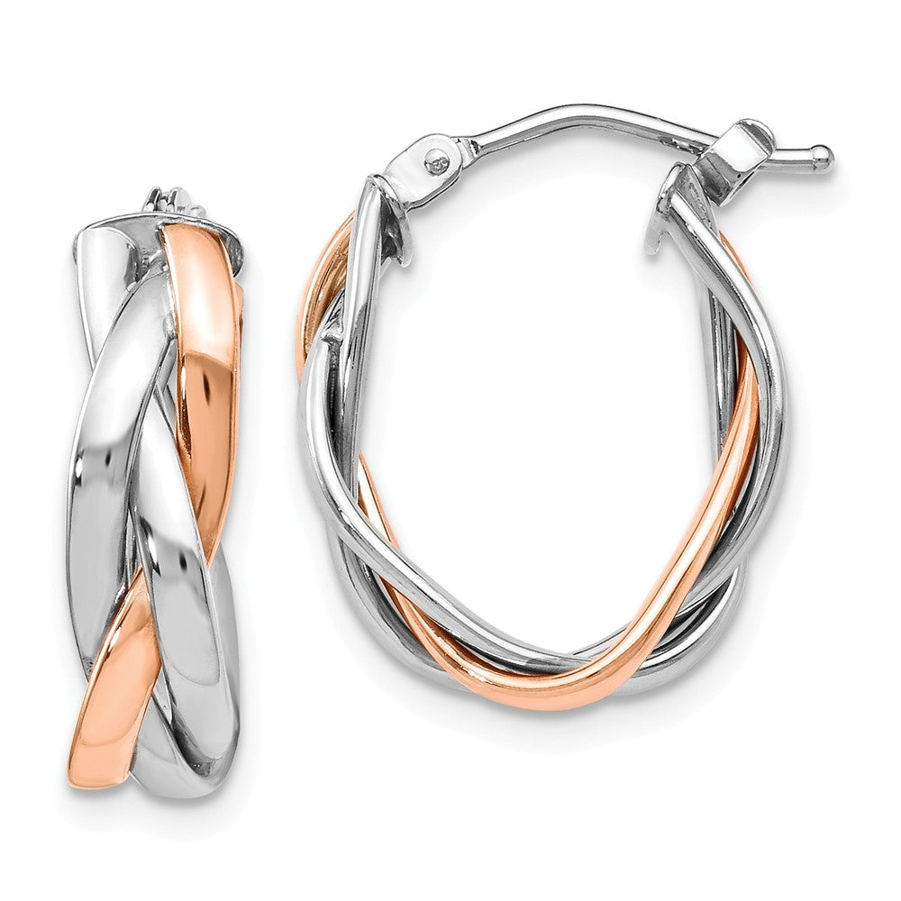 14k White Gold & Rose Rhodium-Plated Braided Oval Hoop Earrings, 20mm, Item E16525 by The Black Bow Jewelry Co.