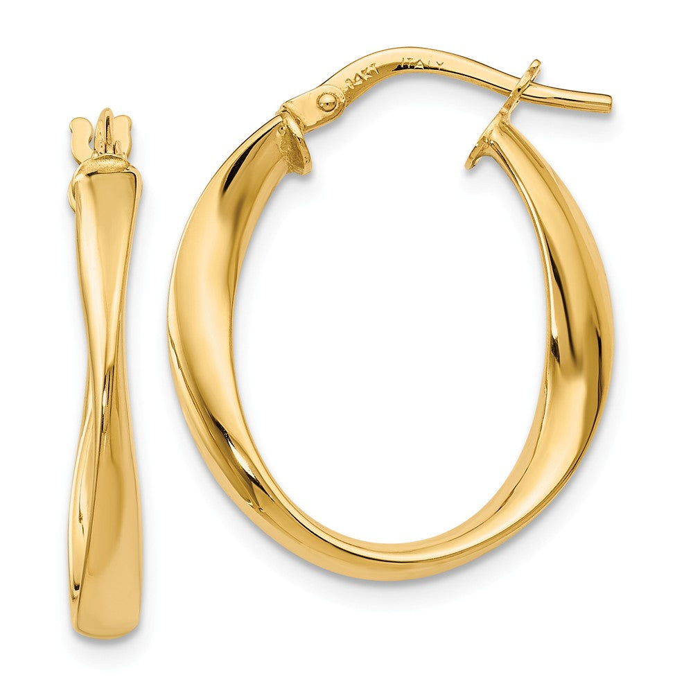 3mm x 24mm (15/16 Inch) 14k Yellow Gold Polished Twist Oval Hoops, Item E16550 by The Black Bow Jewelry Co.