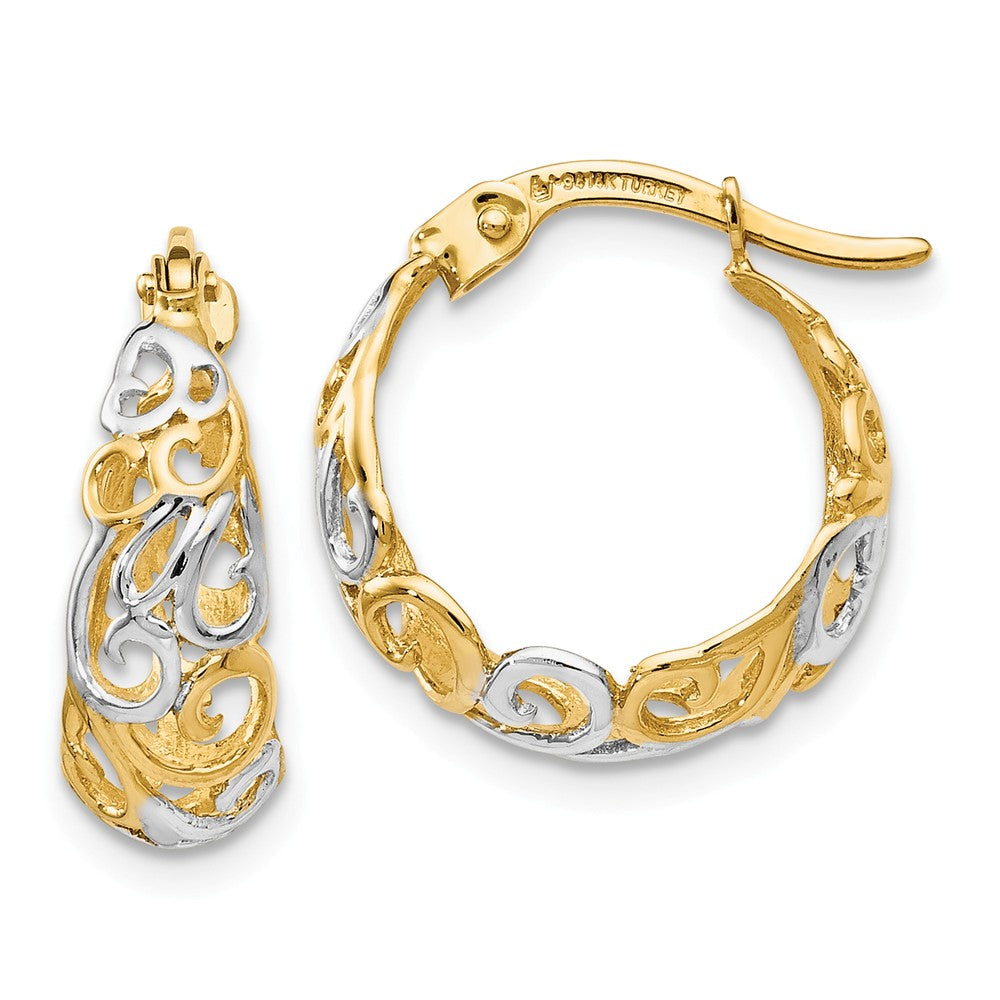 6x16mm (5/8 Inch) 14k Yellow Gold &amp; Rhodium Ornate Tapered Round Hoops, Item E16570 by The Black Bow Jewelry Co.