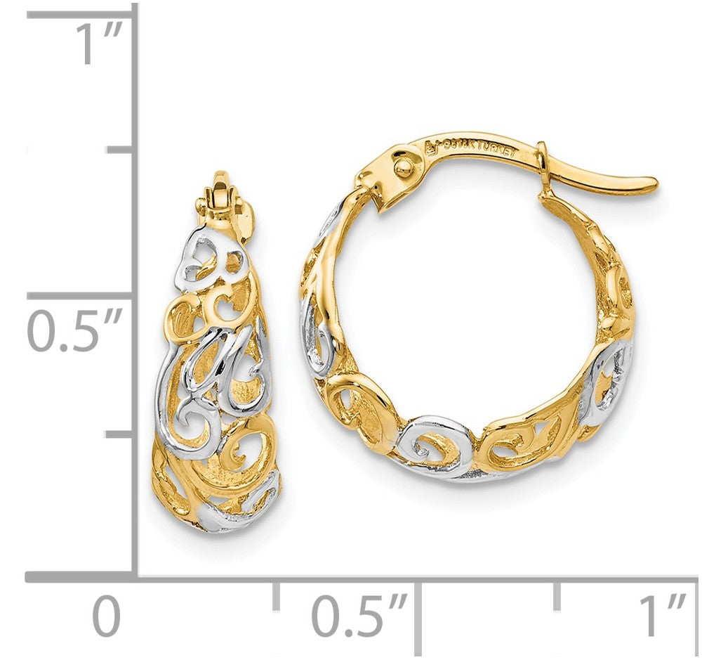 Alternate view of the 6x16mm (5/8 Inch) 14k Yellow Gold &amp; Rhodium Ornate Tapered Round Hoops by The Black Bow Jewelry Co.
