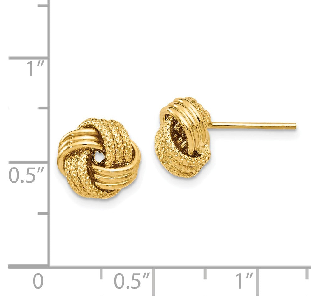 Alternate view of the 9.5mm (3/8 Inch) 14k Yellow Gold Polished Textured Love Knot Earrings by The Black Bow Jewelry Co.