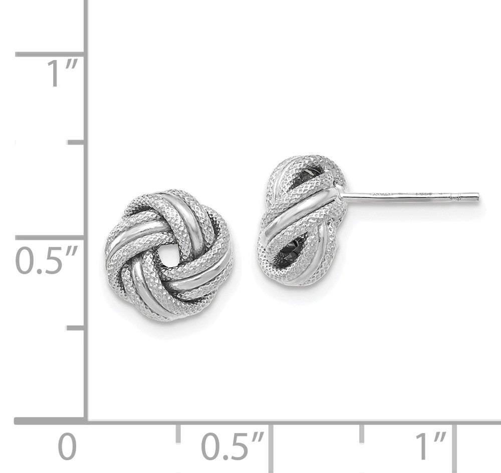 Alternate view of the 8.5mm (5/16 in) 14k White Gold Polished &amp; Textured Love Knot Earrings by The Black Bow Jewelry Co.