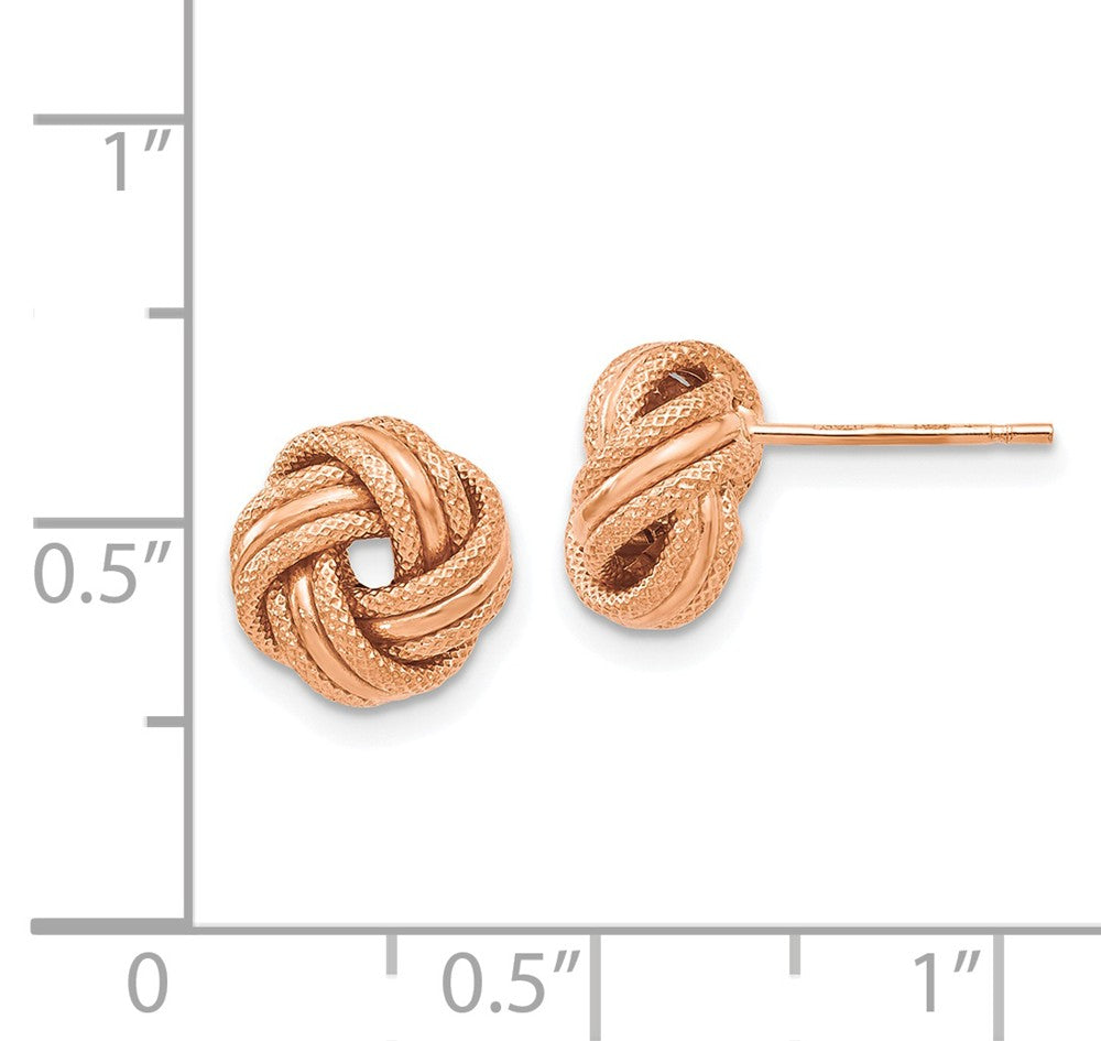 Alternate view of the 8.5mm (5/16 in) 14k Rose Gold Polished &amp; Textured Love Knot Earrings by The Black Bow Jewelry Co.