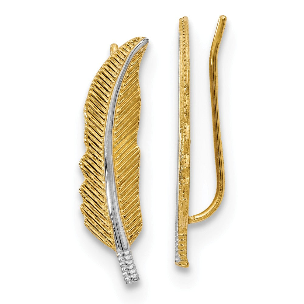 6 x 22mm 14k Yellow Gold with Rhodium Feather Ear Climber Earrings, Item E16668 by The Black Bow Jewelry Co.