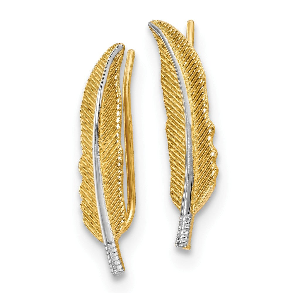 Alternate view of the 6 x 22mm 14k Yellow Gold with Rhodium Feather Ear Climber Earrings by The Black Bow Jewelry Co.