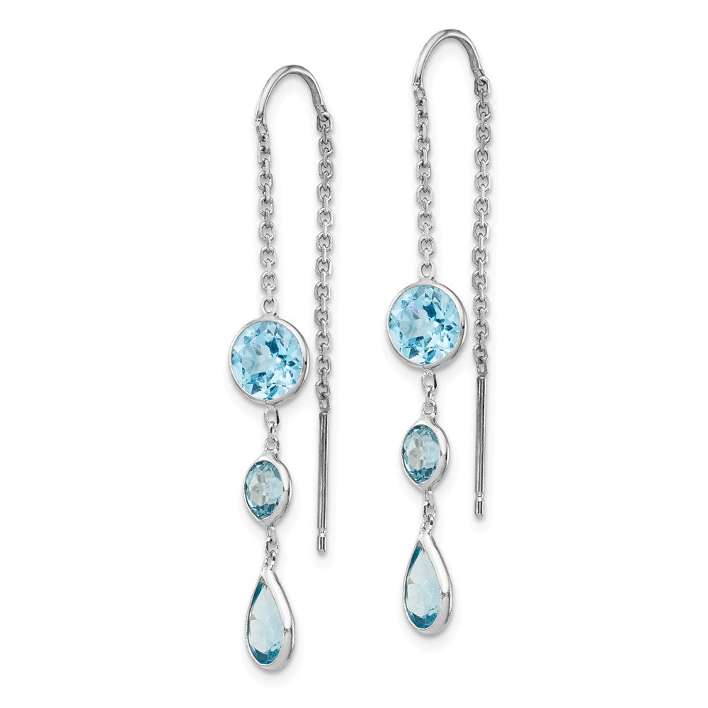 Alternate view of the 5x 45mm 14k White Gold Blue Topaz Pear &amp; Round Bezel Threader Earrings by The Black Bow Jewelry Co.