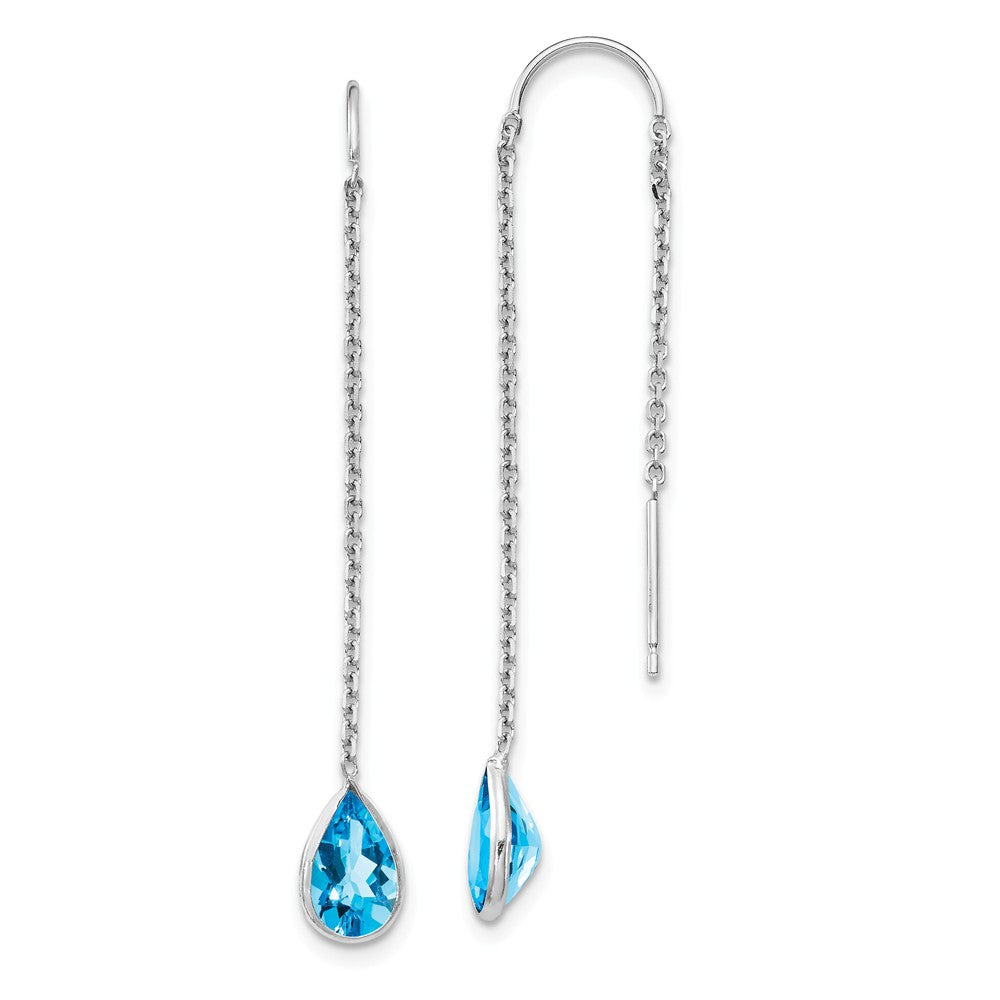 5 x 45mm 14k White Gold Blue Topaz Pear Bezel Threader Earrings, Item E16678 by The Black Bow Jewelry Co.