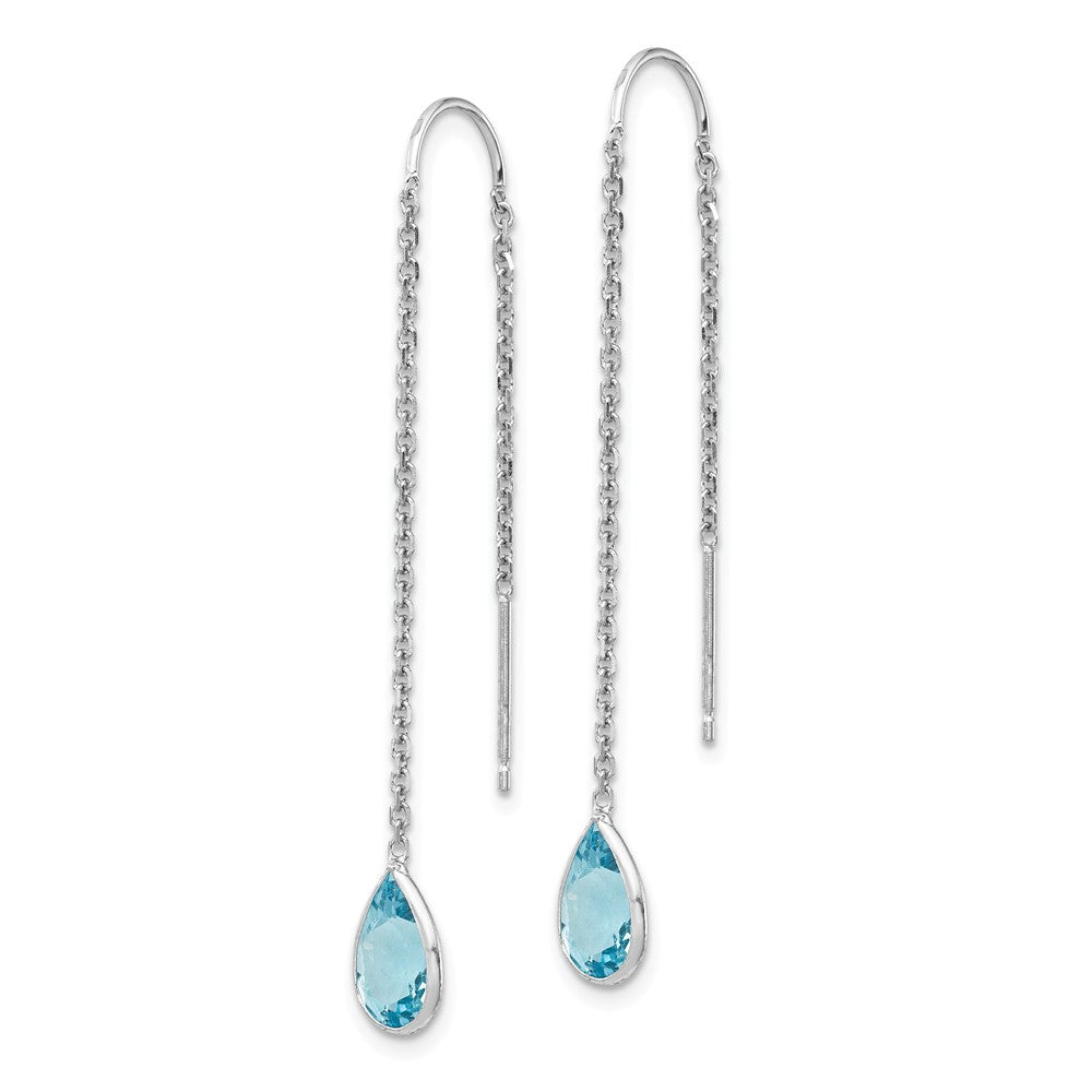Alternate view of the 5 x 45mm 14k White Gold Blue Topaz Pear Bezel Threader Earrings by The Black Bow Jewelry Co.