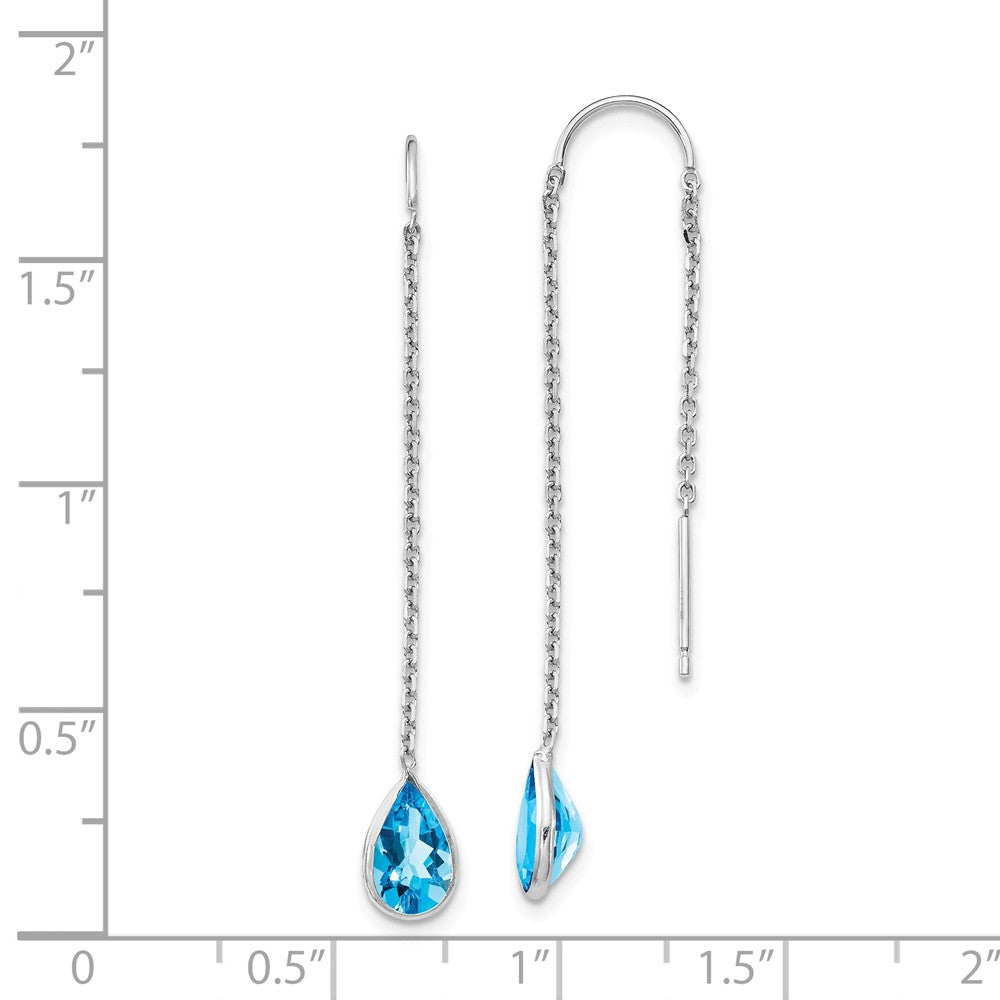 Alternate view of the 5 x 45mm 14k White Gold Blue Topaz Pear Bezel Threader Earrings by The Black Bow Jewelry Co.