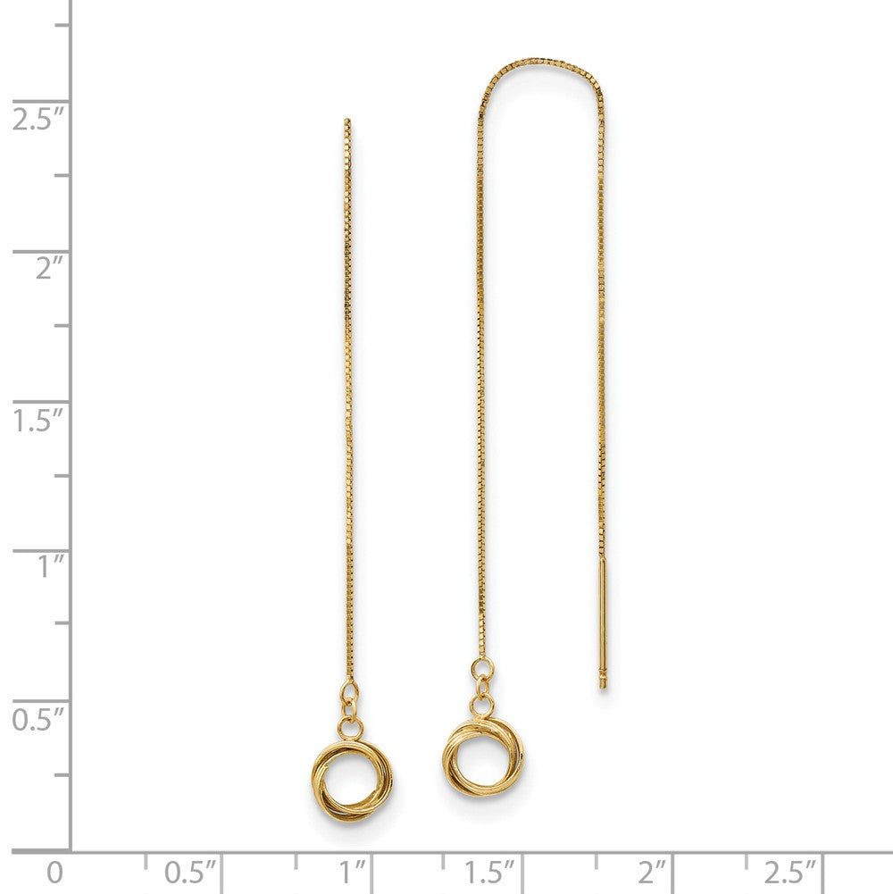 Alternate view of the 7 x 67mm 14k Yellow Gold D/C Box Chain Love Knot Threader Earrings by The Black Bow Jewelry Co.