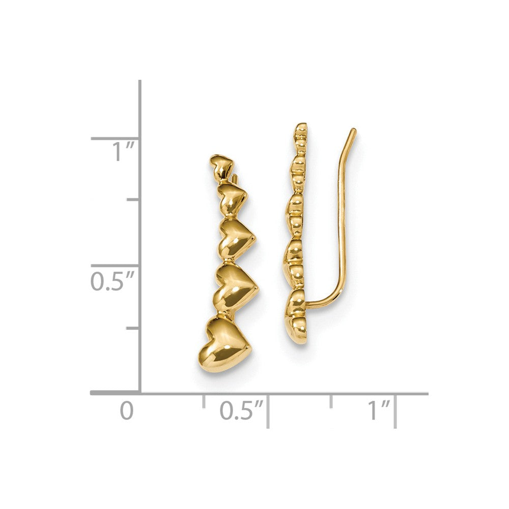 Alternate view of the 5x23mm (7/8 Inch) 14k Yellow Gold Polished Heart Ear Climber Earrings by The Black Bow Jewelry Co.