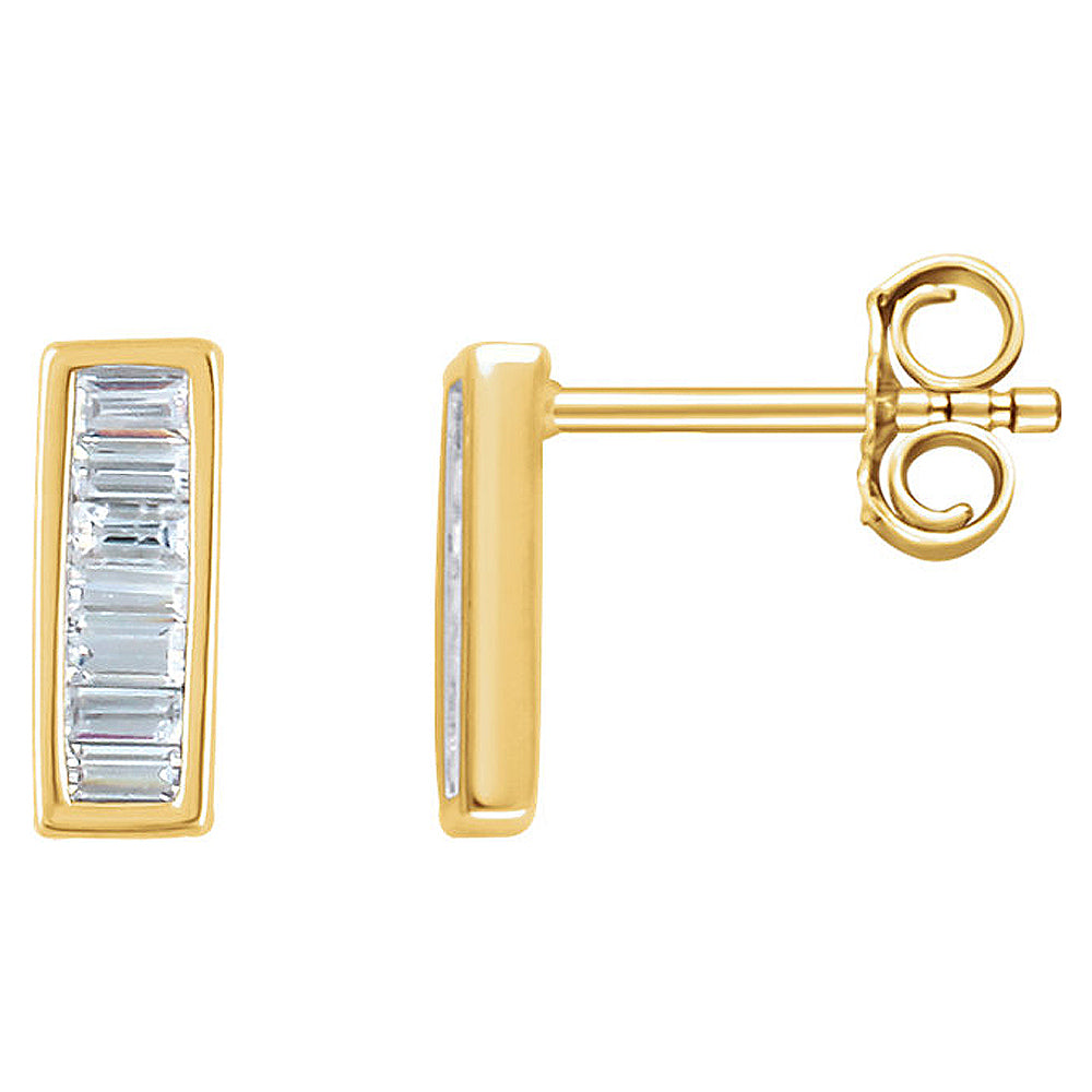 3 x 9mm 14k Yellow Gold 1/3 CTW (H-I,I1) Diamond Baguette Bar Earrings, Item E16770 by The Black Bow Jewelry Co.