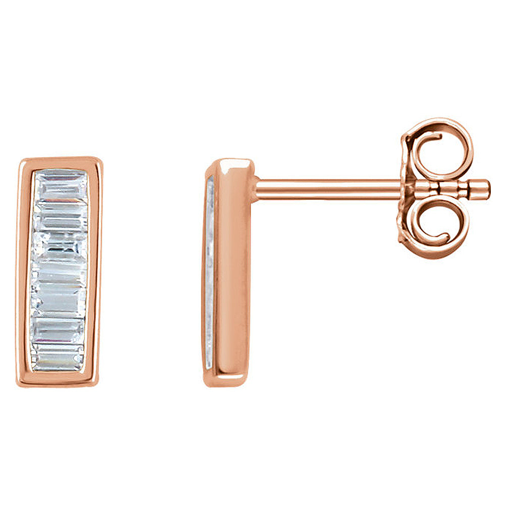 3 x 9mm 14k Rose Gold 1/3 CTW (H-I, I1) Diamond Baguette Bar Earrings, Item E16772 by The Black Bow Jewelry Co.