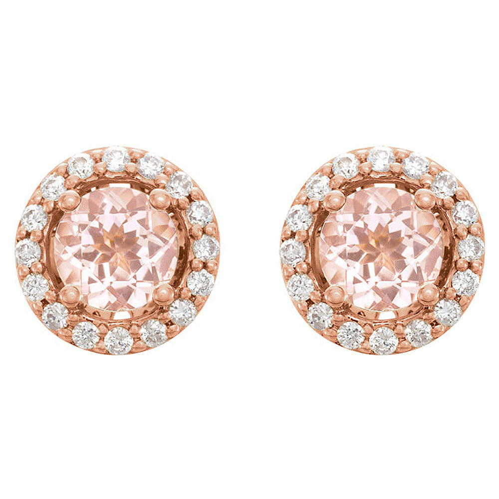 Alternate view of the 8.75mm 14k Rose Gold Morganite &amp; 1/5 CTW(GI, I1) Diamond Halo Earrings by The Black Bow Jewelry Co.