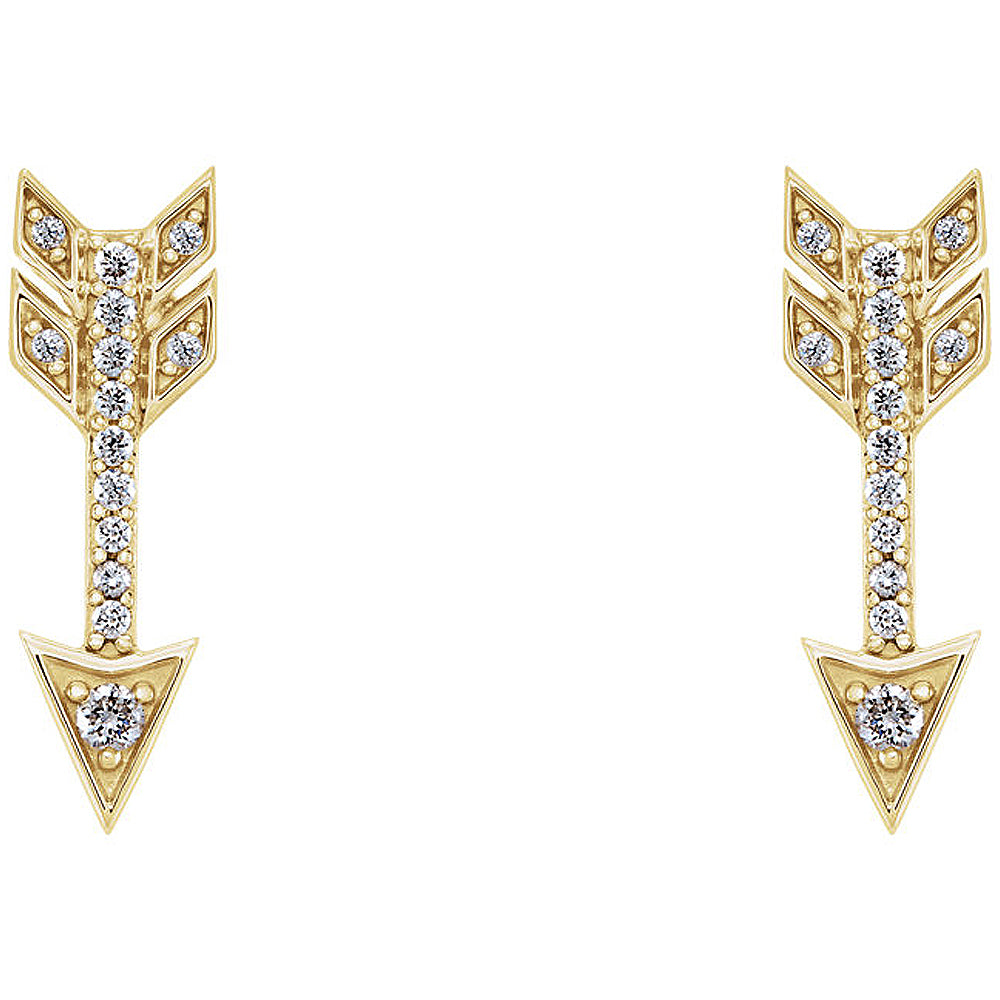 Alternate view of the 5mm x 17mm 14k Yellow Gold 1/6 CTW (G-H, I1) Diamond Arrow Earrings by The Black Bow Jewelry Co.