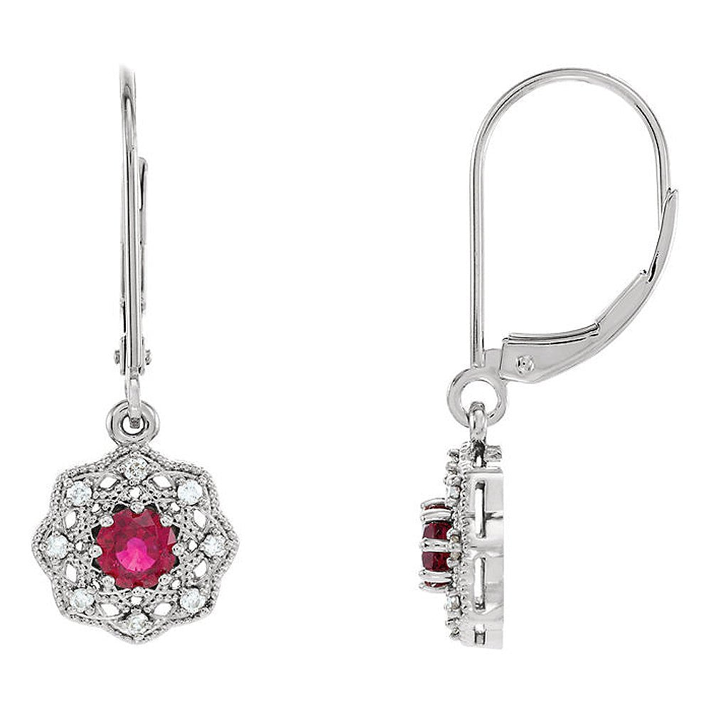 10.5 x 26mm 14k White Gold Ruby &amp; 1/8 CTW (G-H, I1) Diamond Earrings, Item E16839 by The Black Bow Jewelry Co.