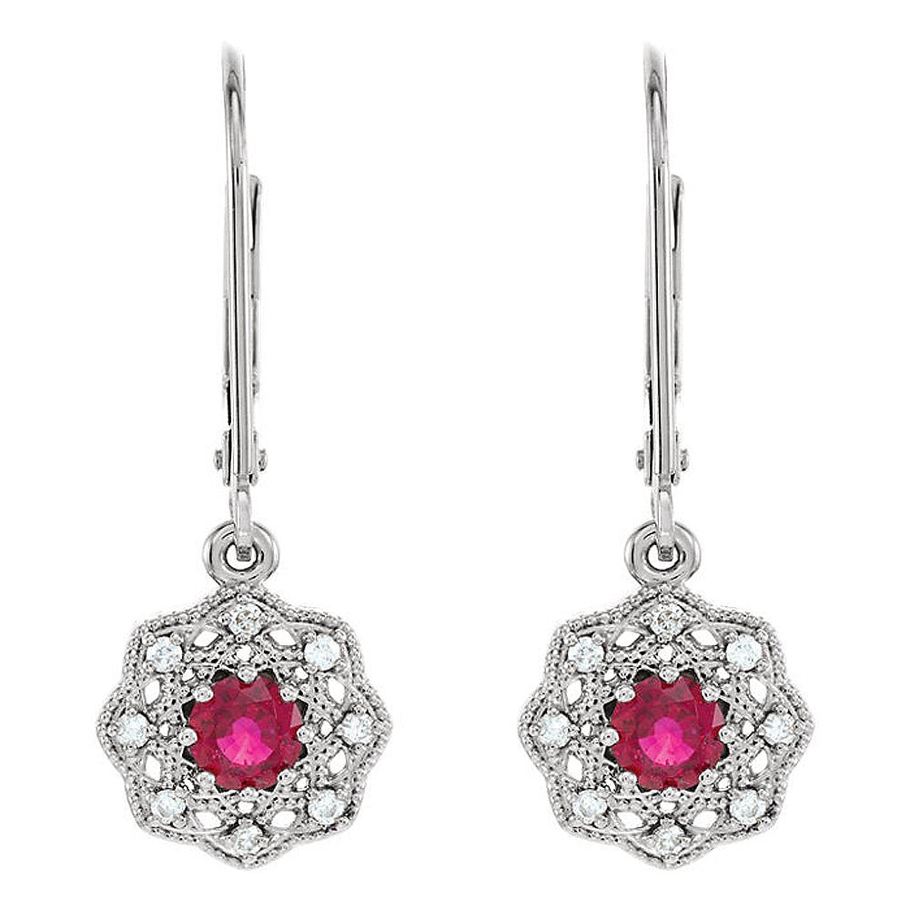 Alternate view of the 10.5 x 26mm 14k White Gold Ruby &amp; 1/8 CTW (G-H, I1) Diamond Earrings by The Black Bow Jewelry Co.