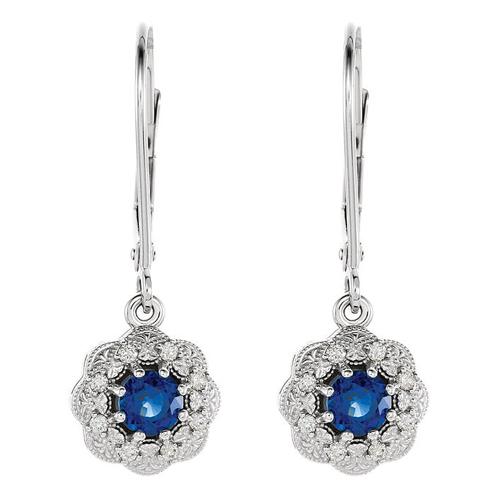 Alternate view of the 9.5 x 28mm 14k White Gold Sapphire &amp; 1/8 CTW (GH, I1) Diamond Earrings by The Black Bow Jewelry Co.
