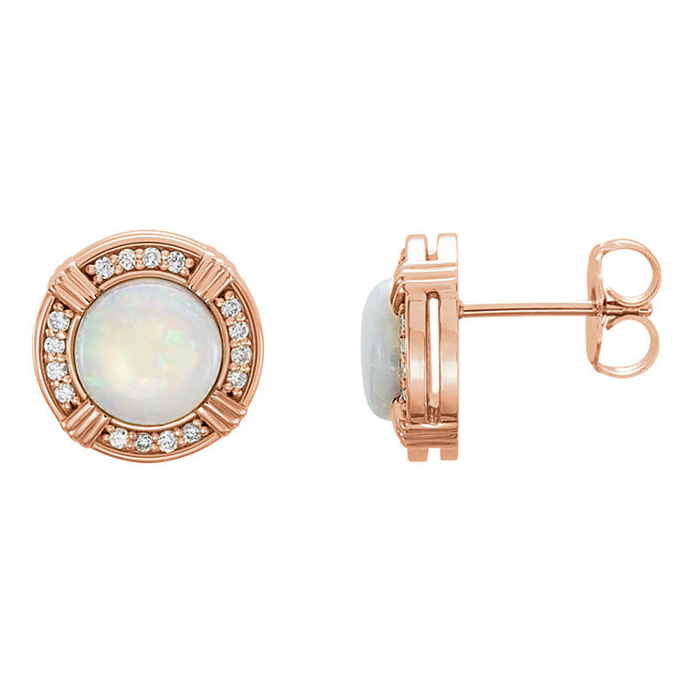 11mm 14k Rose Gold White Opal &amp; 1/6 CTW (GH, I1) Diamond Stud Earrings, Item E16868 by The Black Bow Jewelry Co.