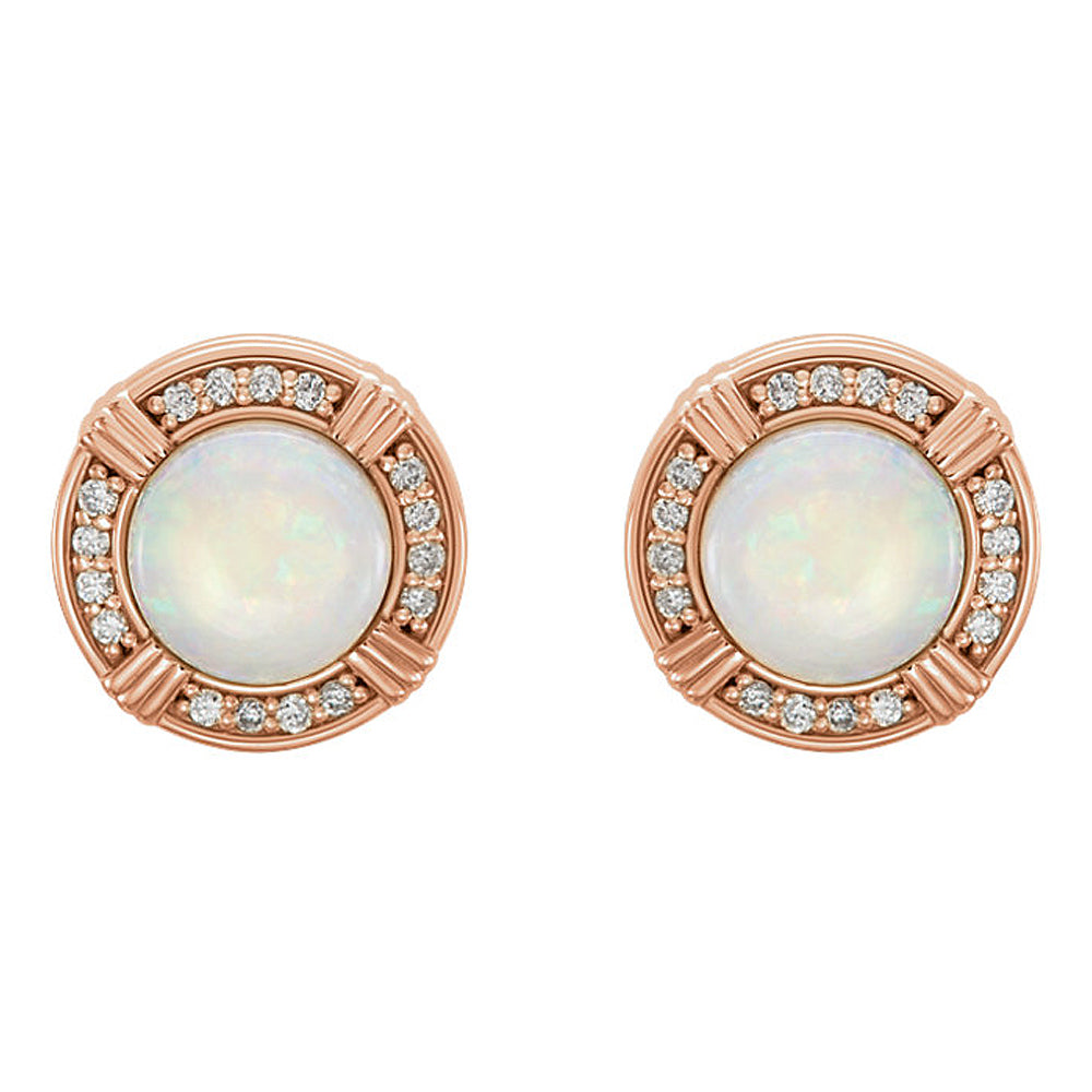 Alternate view of the 11mm 14k Rose Gold White Opal &amp; 1/6 CTW (GH, I1) Diamond Stud Earrings by The Black Bow Jewelry Co.