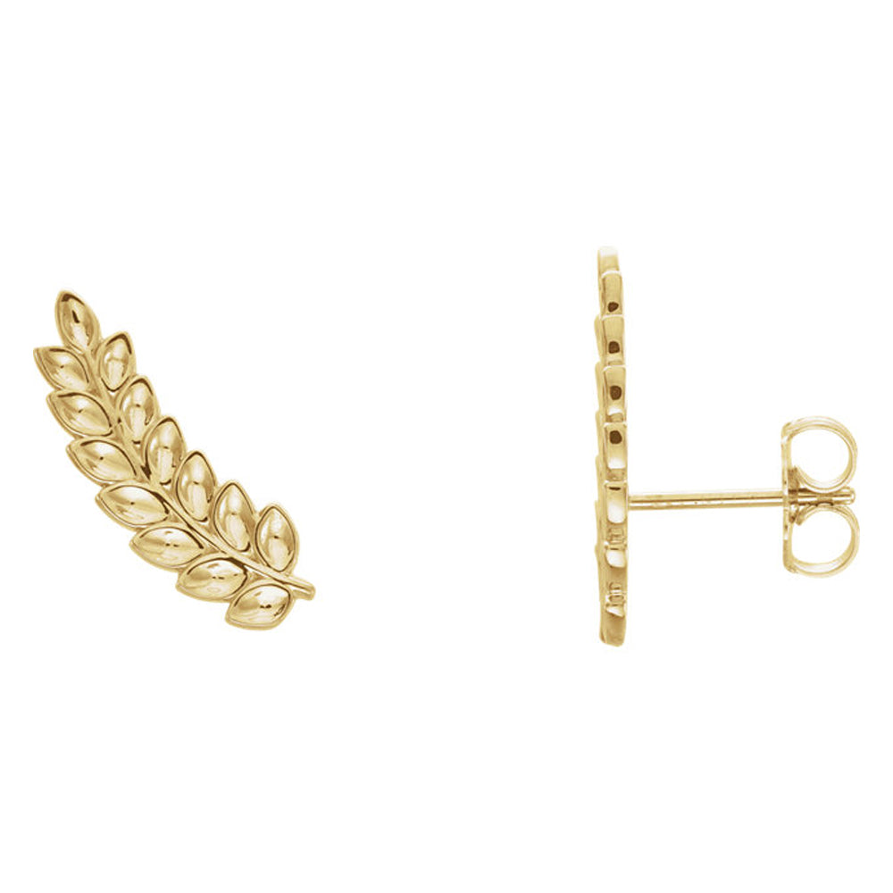 5.7mm x 16mm (5/8 Inch) 14k Yellow Gold Petite Leaf Ear Climbers, Item E16895 by The Black Bow Jewelry Co.