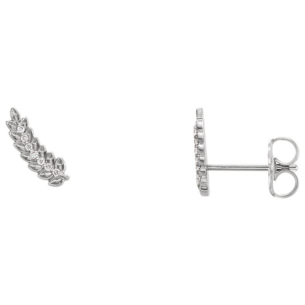 3.5 x 10mm 14k White Gold .04 CTW (G-H, I1) Diamond Leaf Ear Climbers, Item E16898 by The Black Bow Jewelry Co.