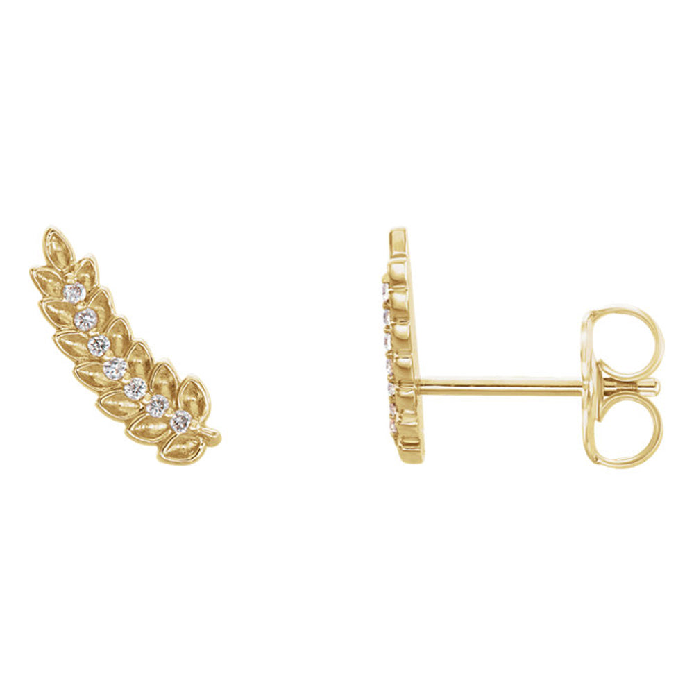 3.5 x 10mm 14k Yellow Gold .04 CTW (G-H, I1) Diamond Leaf Ear Climbers, Item E16899 by The Black Bow Jewelry Co.