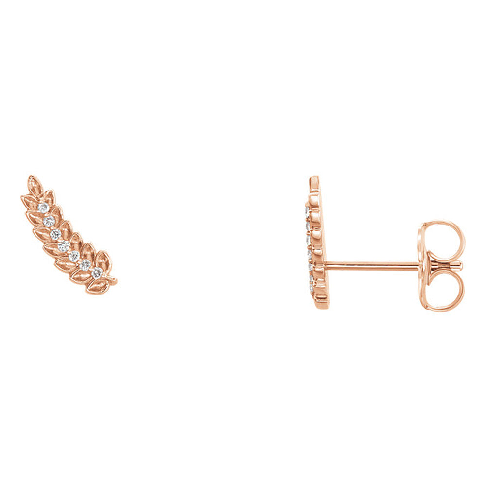 3.5 x 10mm 14k Rose Gold .04 CTW (G-H, I1) Diamond Leaf Ear Climbers, Item E16900 by The Black Bow Jewelry Co.