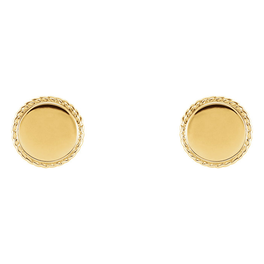 Alternate view of the 8mm (5/16 Inch) 14k Yellow Gold Engravable Rope Edge Circle Earrings by The Black Bow Jewelry Co.