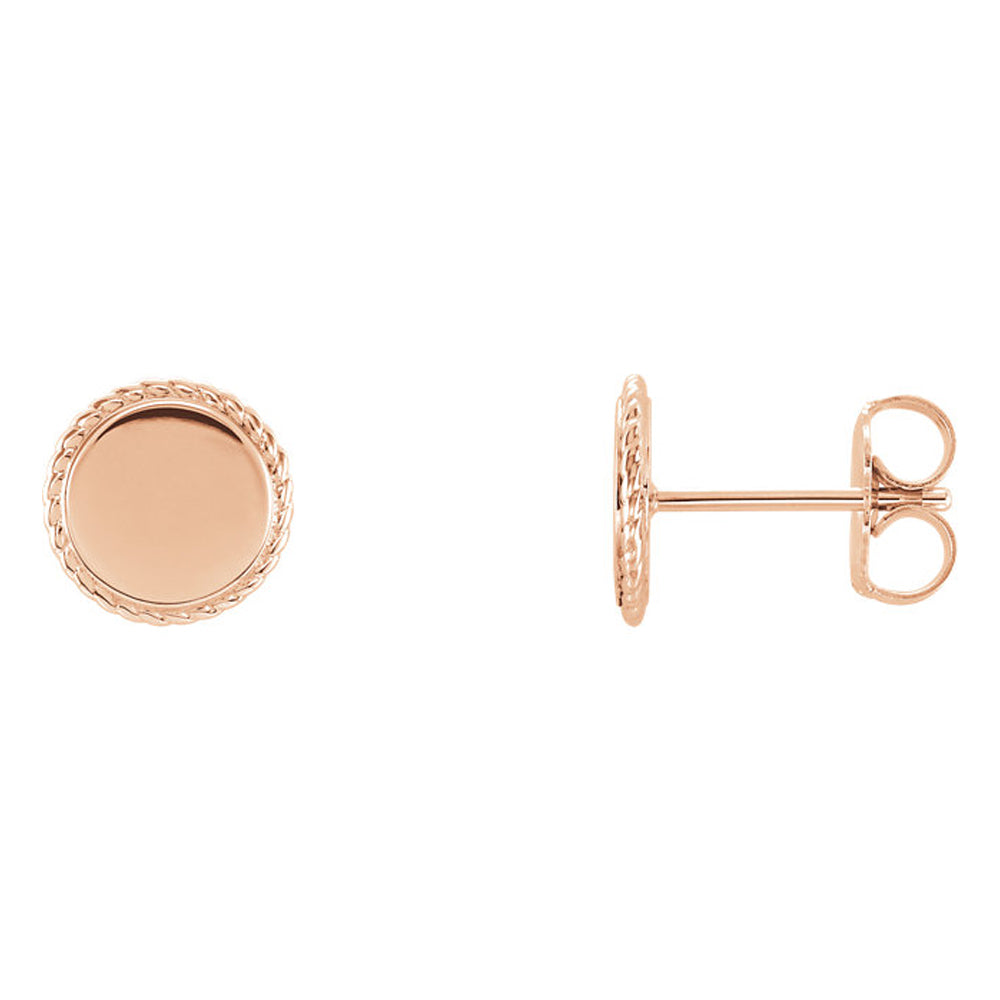 8mm (5/16 Inch) 14k Rose Gold Engravable Rope Edge Circle Earrings, Item E16903 by The Black Bow Jewelry Co.