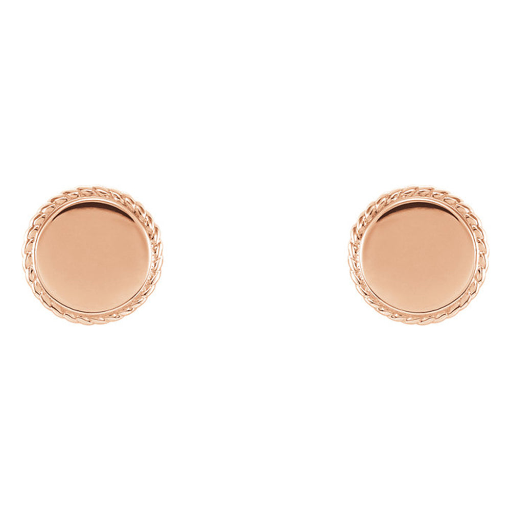 Alternate view of the 8mm (5/16 Inch) 14k Rose Gold Engravable Rope Edge Circle Earrings by The Black Bow Jewelry Co.