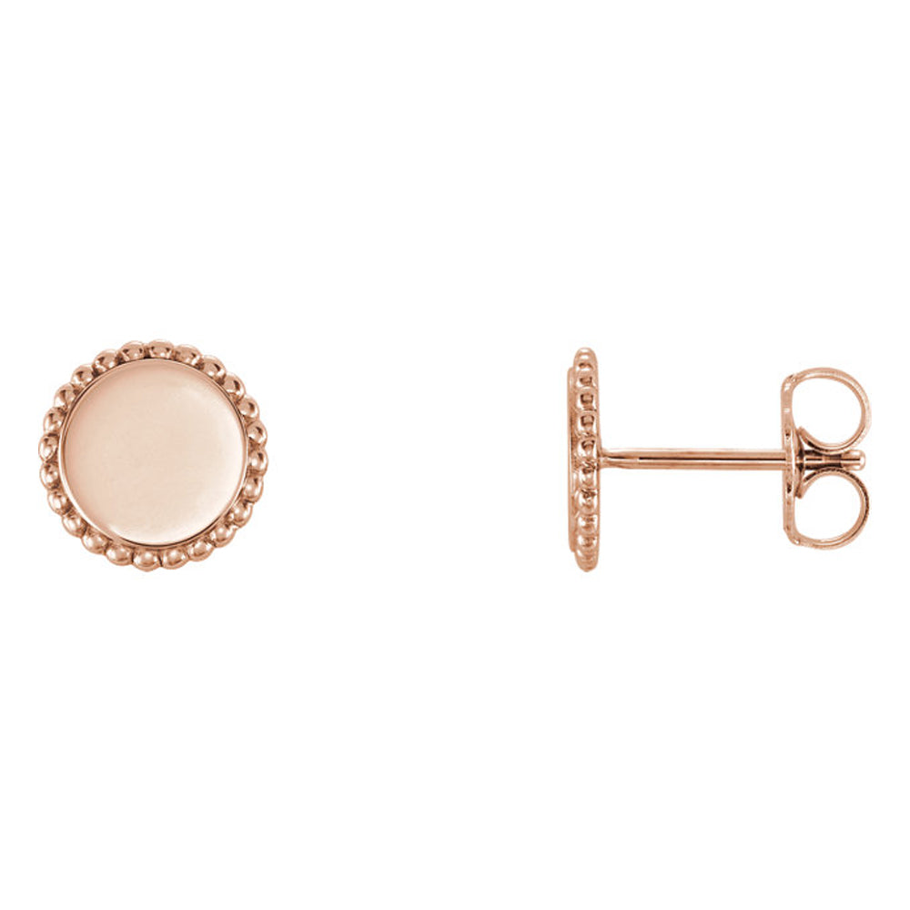 8mm (5/16 Inch) 14k Rose Gold Engravable Beaded Edge Circle Earrings, Item E16907 by The Black Bow Jewelry Co.