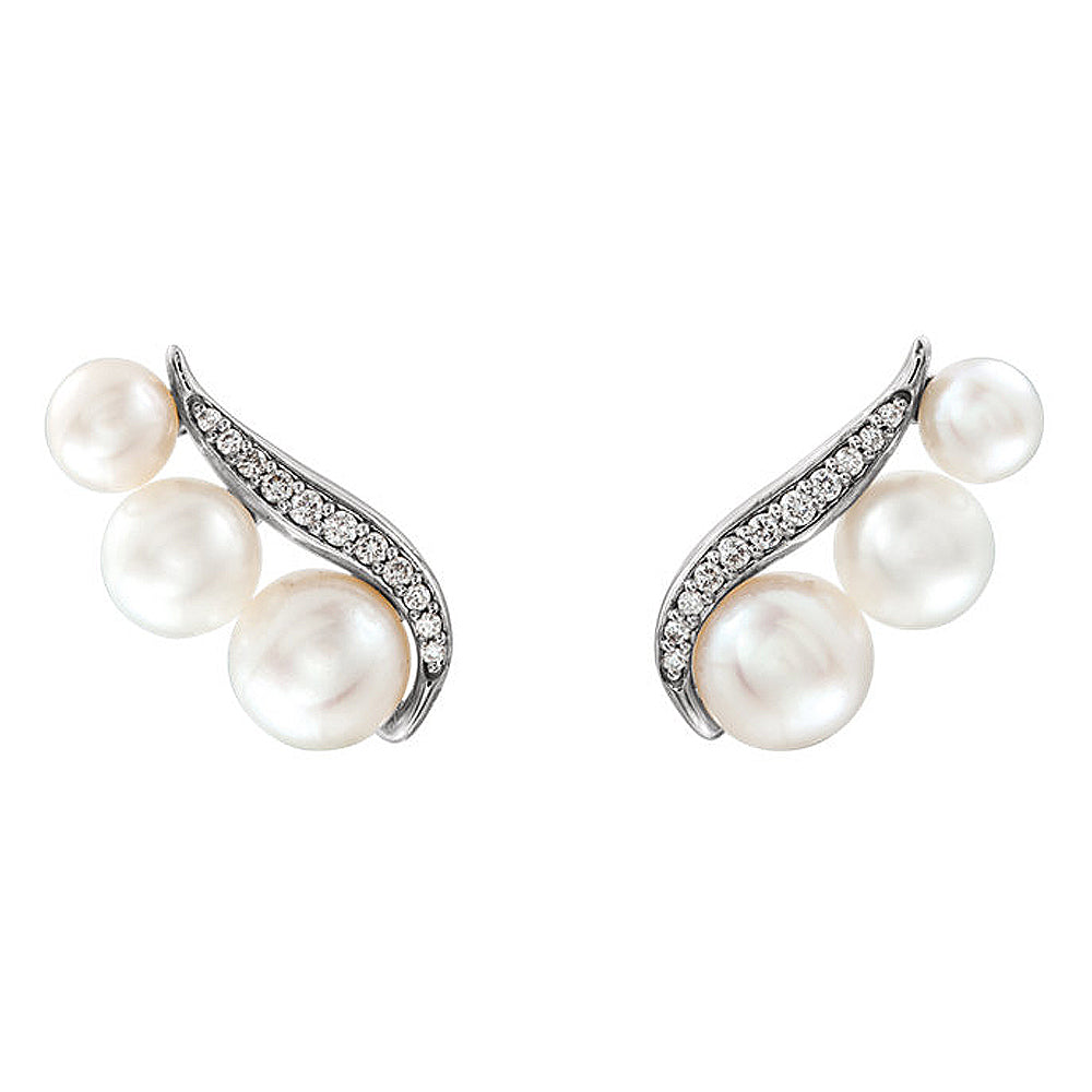 16mm 14k White Gold FW Cultured Pearl &amp; 1/10 CTW Diamond Ear Climbers, Item E16937 by The Black Bow Jewelry Co.