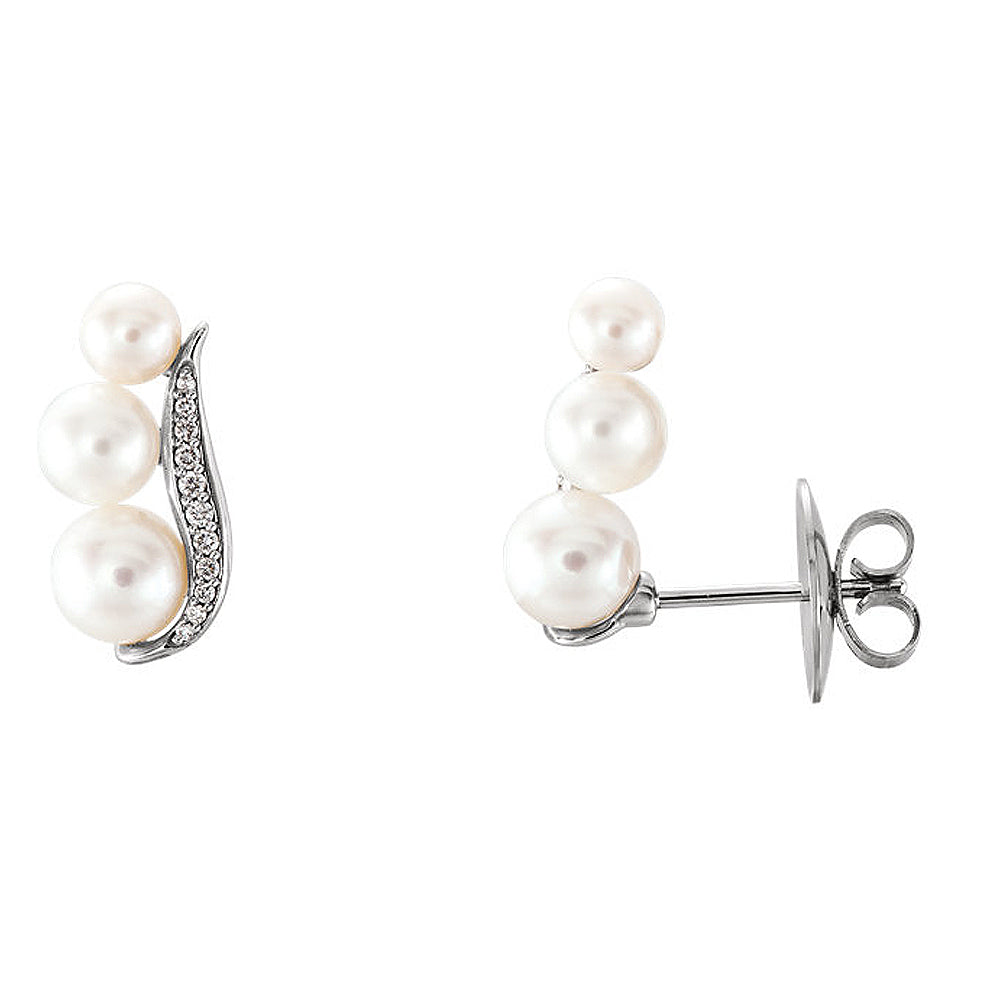 Alternate view of the 16mm 14k White Gold FW Cultured Pearl &amp; 1/10 CTW Diamond Ear Climbers by The Black Bow Jewelry Co.
