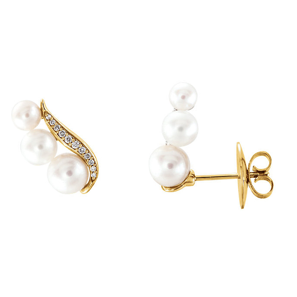 16mm 14k Yellow Gold FW Cultured Pearl &amp; 1/10 CTW Diamond Ear Climbers, Item E16938 by The Black Bow Jewelry Co.