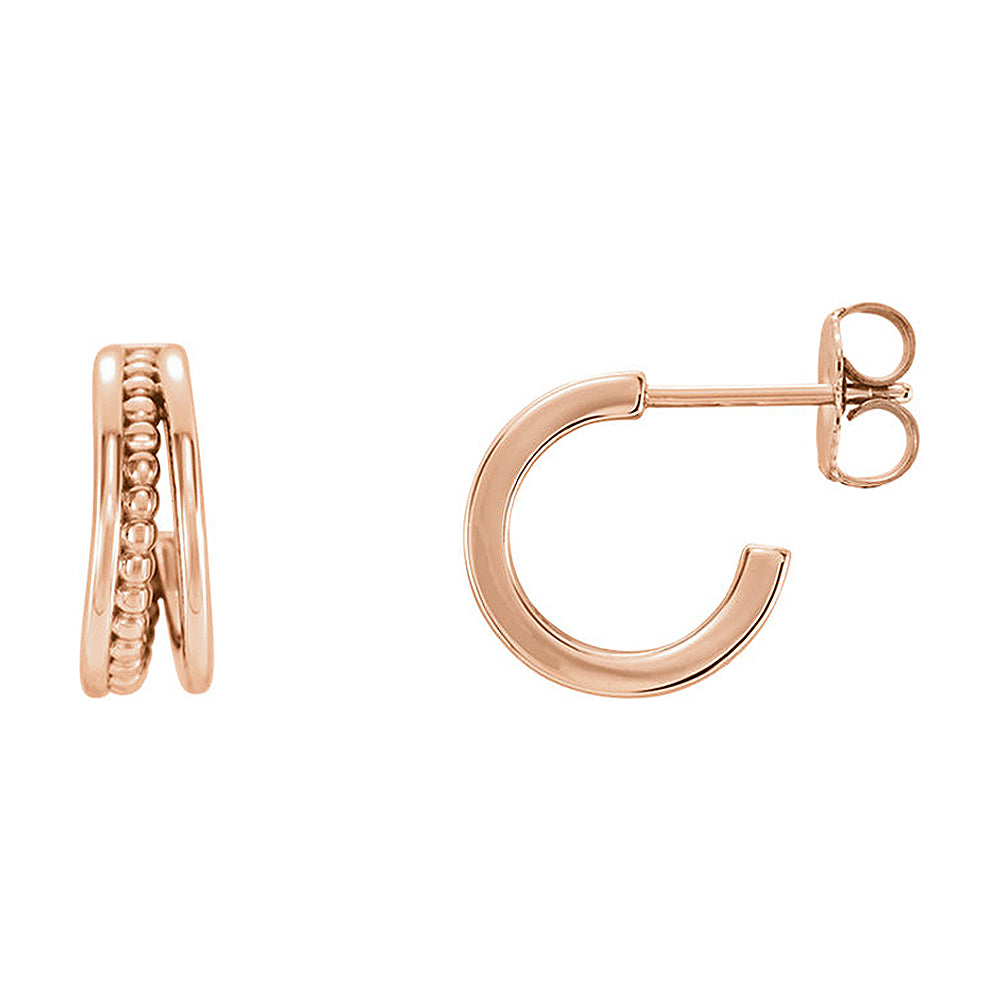 4.3 x 12mm (7/16 Inch) 14k Rose Gold Small Beaded J-Hoop Earrings, Item E16973 by The Black Bow Jewelry Co.