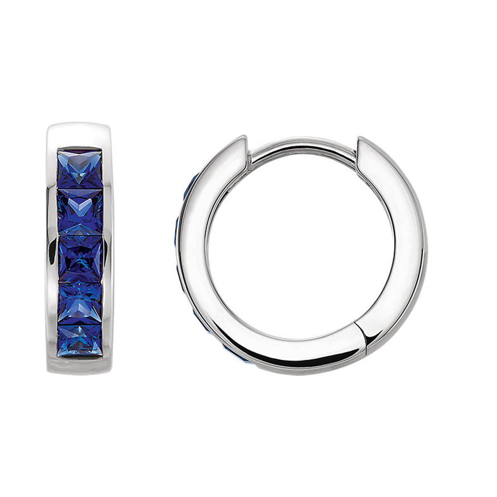 14k White Gold Created Blue Sapphire Hinged Round Hoop Earrings, 14mm, Item E16978 by The Black Bow Jewelry Co.