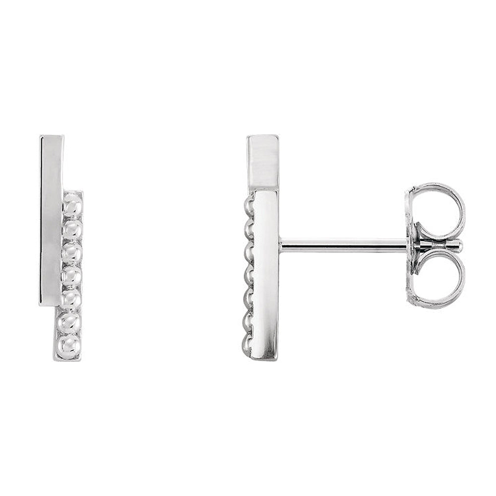2.3 x 12mm (7/16 Inch) 14k White Gold Polished &amp; Beaded Bar Earrings, Item E16980 by The Black Bow Jewelry Co.
