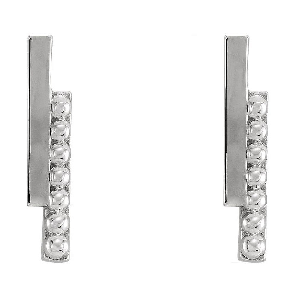 Alternate view of the 2.3 x 12mm (7/16 Inch) 14k White Gold Polished &amp; Beaded Bar Earrings by The Black Bow Jewelry Co.