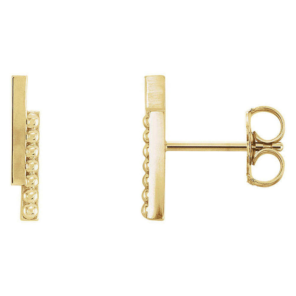 2.3 x 12mm (7/16 Inch) 14k Yellow Gold Polished &amp; Beaded Bar Earrings, Item E16981 by The Black Bow Jewelry Co.
