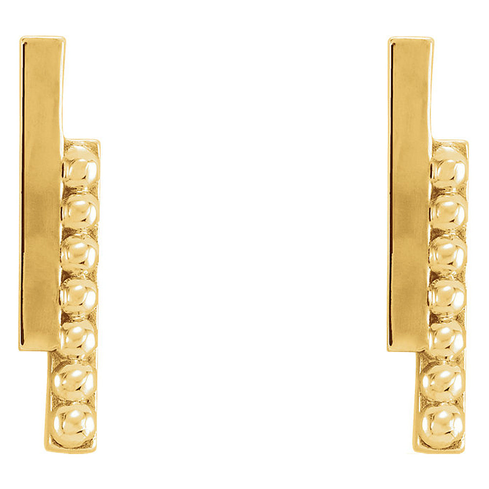 Alternate view of the 2.3 x 12mm (7/16 Inch) 14k Yellow Gold Polished &amp; Beaded Bar Earrings by The Black Bow Jewelry Co.