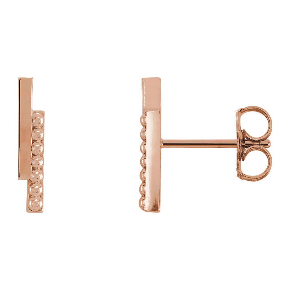 2.3 x 12mm (7/16 Inch) 14k Rose Gold Polished &amp; Beaded Bar Earrings, Item E16982 by The Black Bow Jewelry Co.