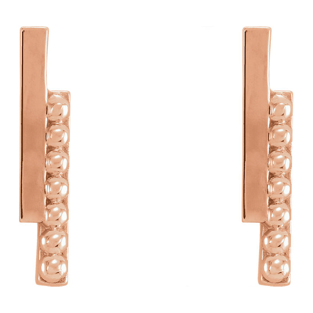 Alternate view of the 2.3 x 12mm (7/16 Inch) 14k Rose Gold Polished &amp; Beaded Bar Earrings by The Black Bow Jewelry Co.