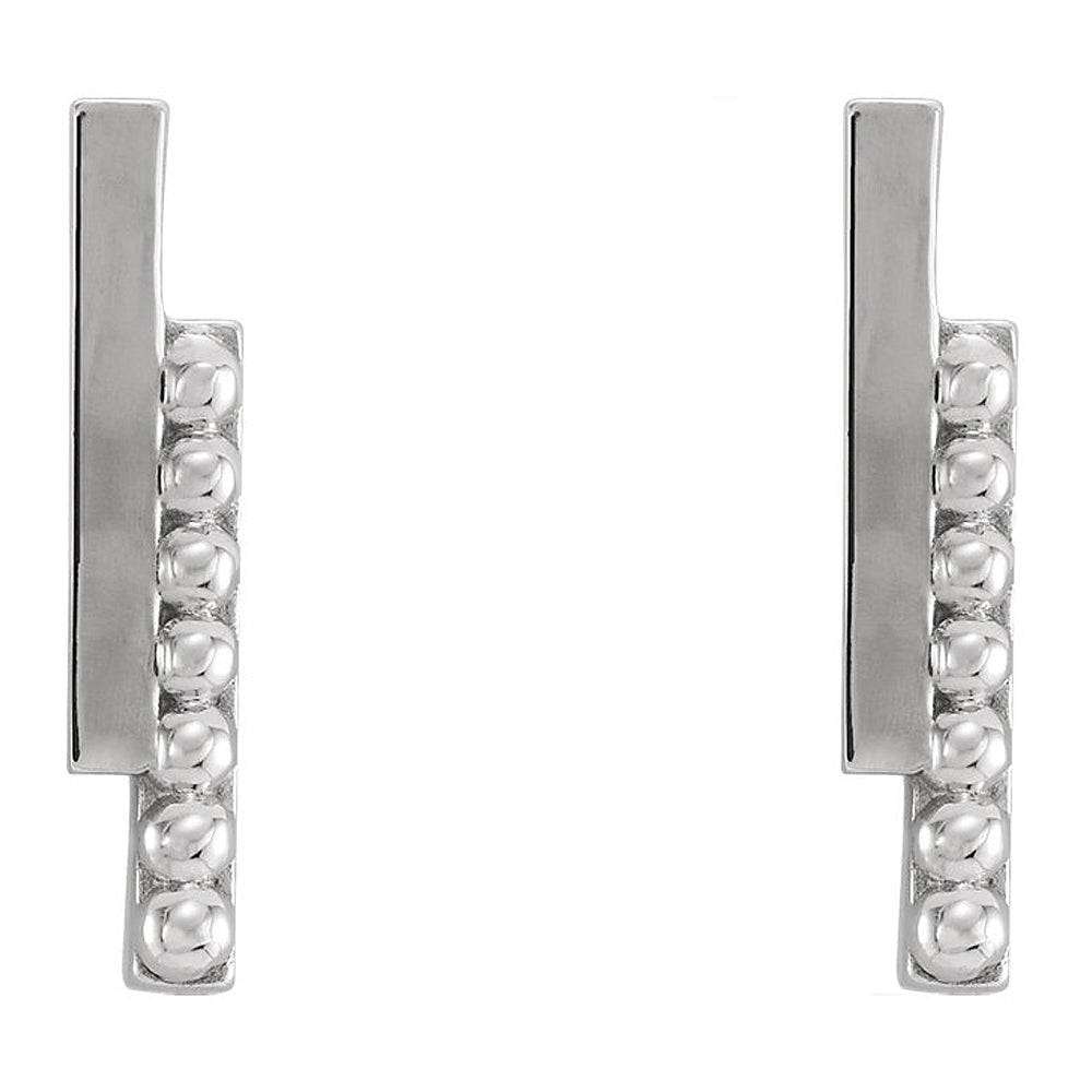Alternate view of the 2.3 x 12mm (7/16 Inch) Sterling Silver Polished &amp; Beaded Bar Earrings by The Black Bow Jewelry Co.