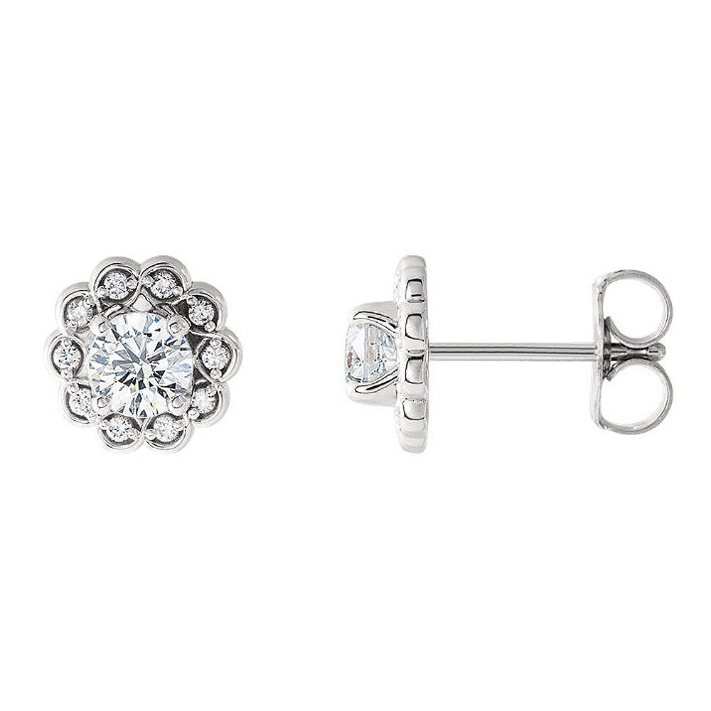 8mm Platinum 5/8 CTW (G-H, I1) Diamond Halo-Style Post Earrings, Item E17010 by The Black Bow Jewelry Co.