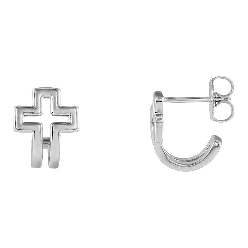 9 x 11mm (3/8 x 7/16 Inch) 14k White Gold Voided Cross J-Hoop Earrings, Item E17011 by The Black Bow Jewelry Co.